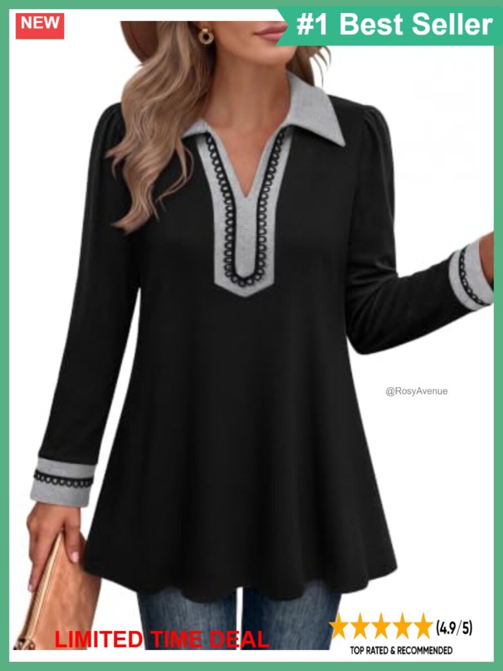 Women's Long Sleeve Tunic Top Collared V Neck Business Casual Blouse